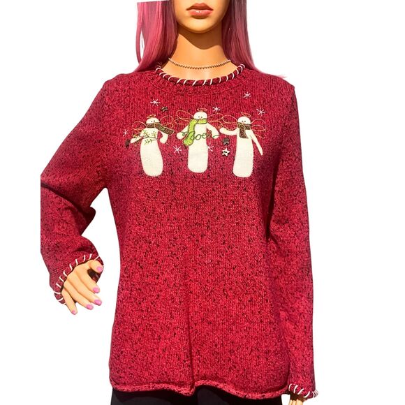 Christopher & Banks Embroidered Holiday Pullover Snowman Sweater Red XL - Picture 1 of 15
